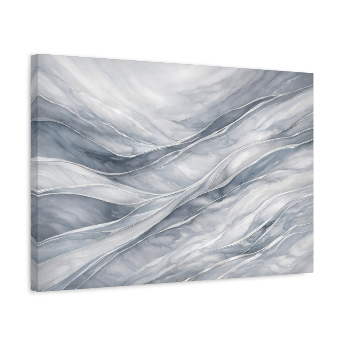 Side Mockup 3. Abstract Marble Waves Gray And Silver shown as stretched canvas wall art