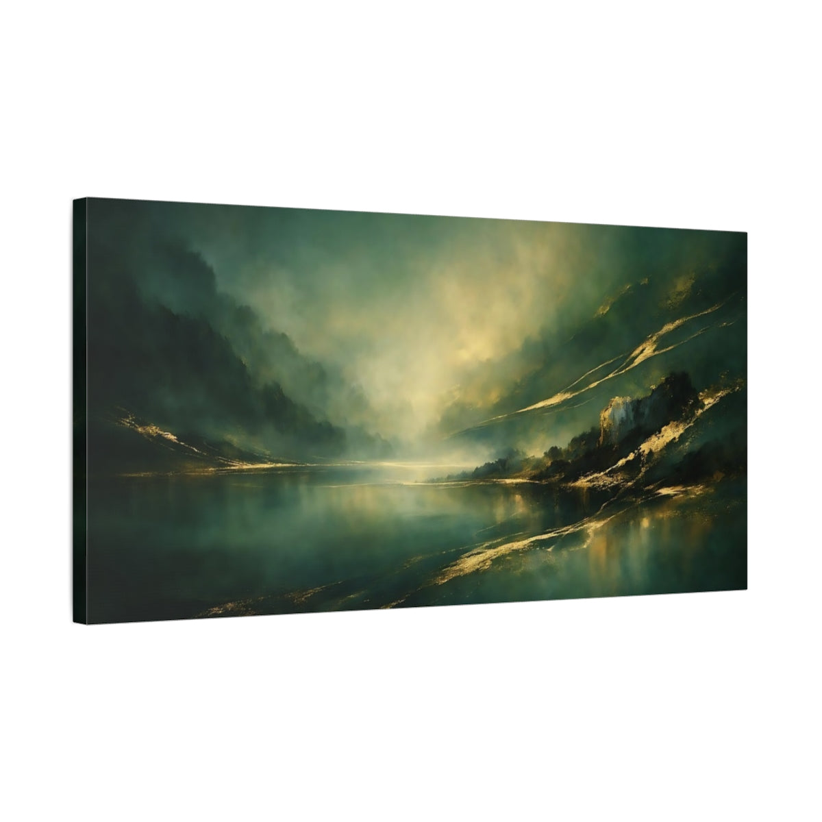Side Mockup 2. Nature Mountain Lake Emerald Gold Landscape shown as stretched canvas wall art