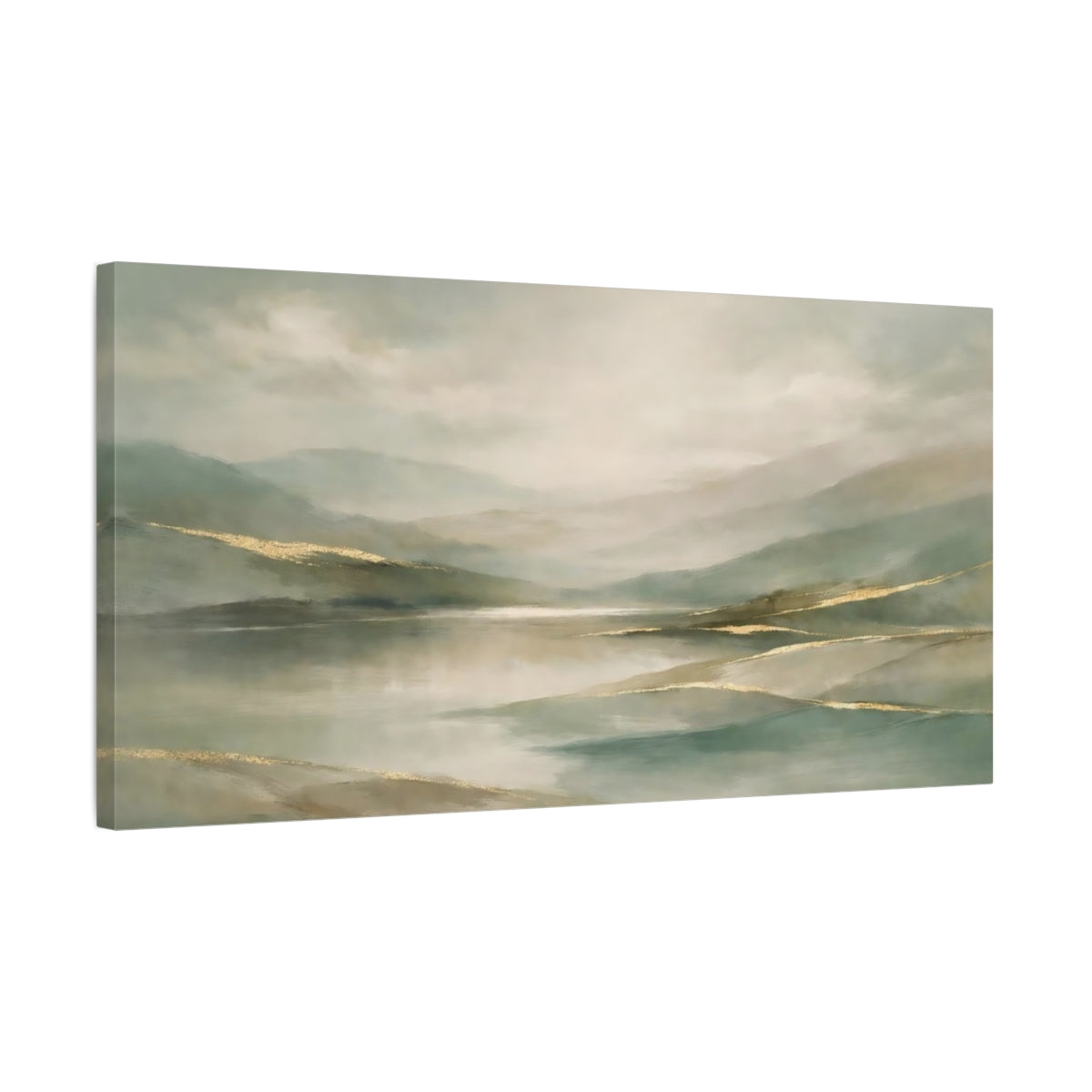 Side Mockup 2. Nature Mountain Lake Teal Gold Landscape shown as stretched canvas wall art
