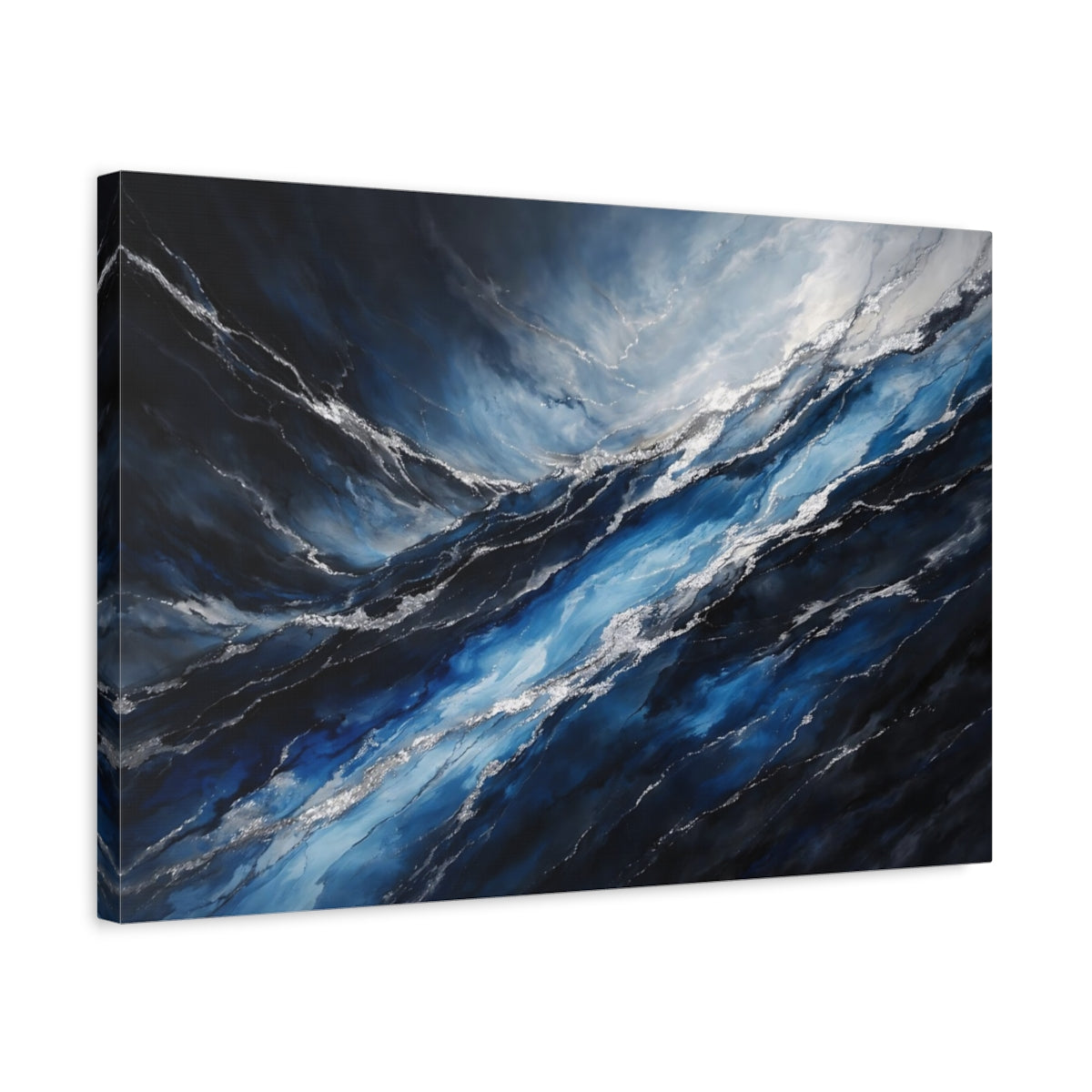 Side Mockup 3. Nature Ocean Waves Blue Silver Waves shown as stretched canvas wall art