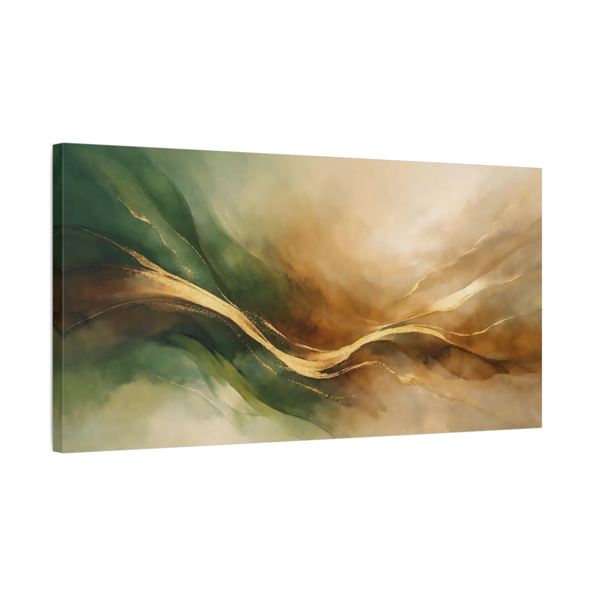 Side Mockup 2. Nature Abstract Waves Green Gold Abstract shown as stretched canvas wall art
