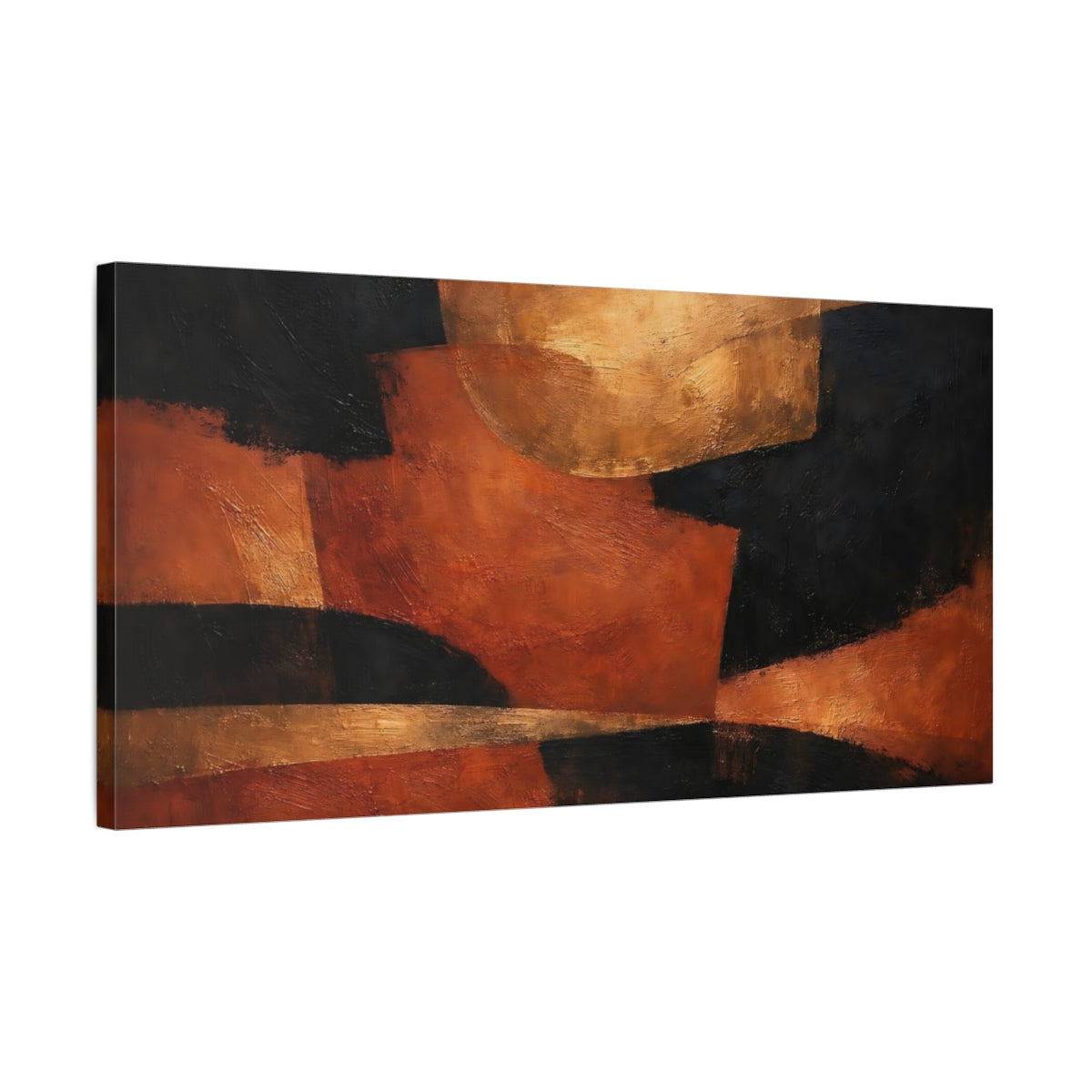 Side Mockup 2. Abstract Abstract Shapes Black Orange Gold Abstract shown as stretched canvas wall art