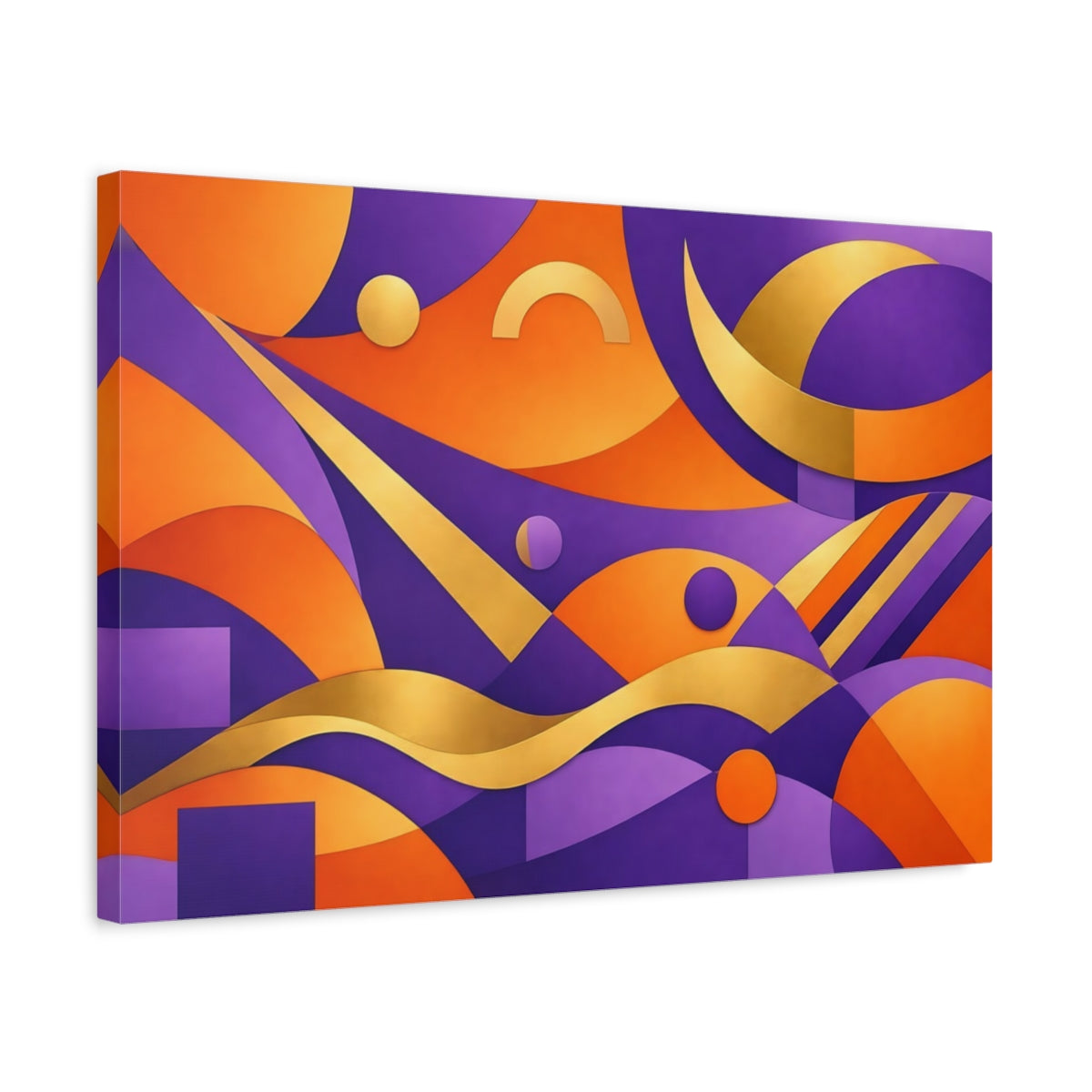 Side Mockup 3. Abstract Abstract Shapes Purple Orange Gold shown as stretched canvas wall art