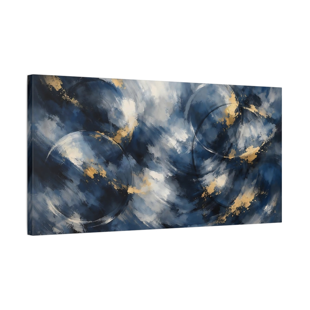 Side Mockup 2. Abstract Abstract Strokes Blue And Gold Abstract shown as stretched canvas wall art