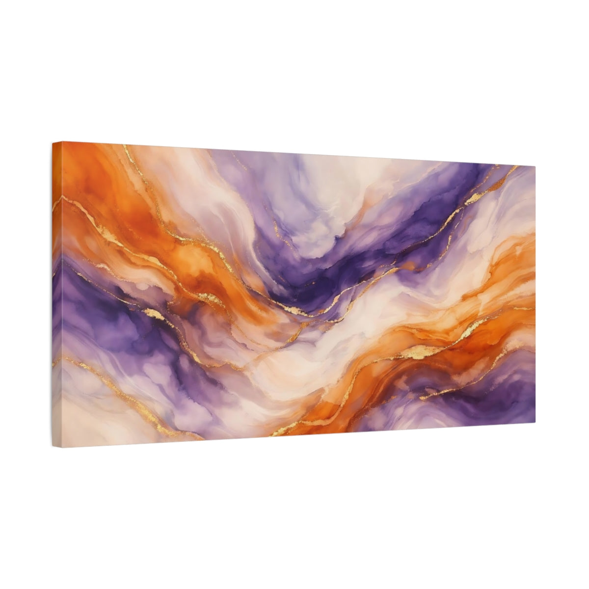 Side Mockup 2. Abstract Abstract Swirls Purple And Orange shown as stretched canvas wall art