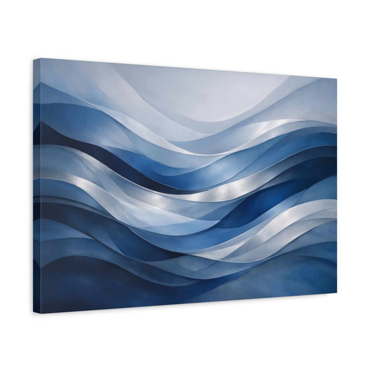 Side Mockup 3. Abstract Waves Blue Waves shown as stretched canvas wall art
