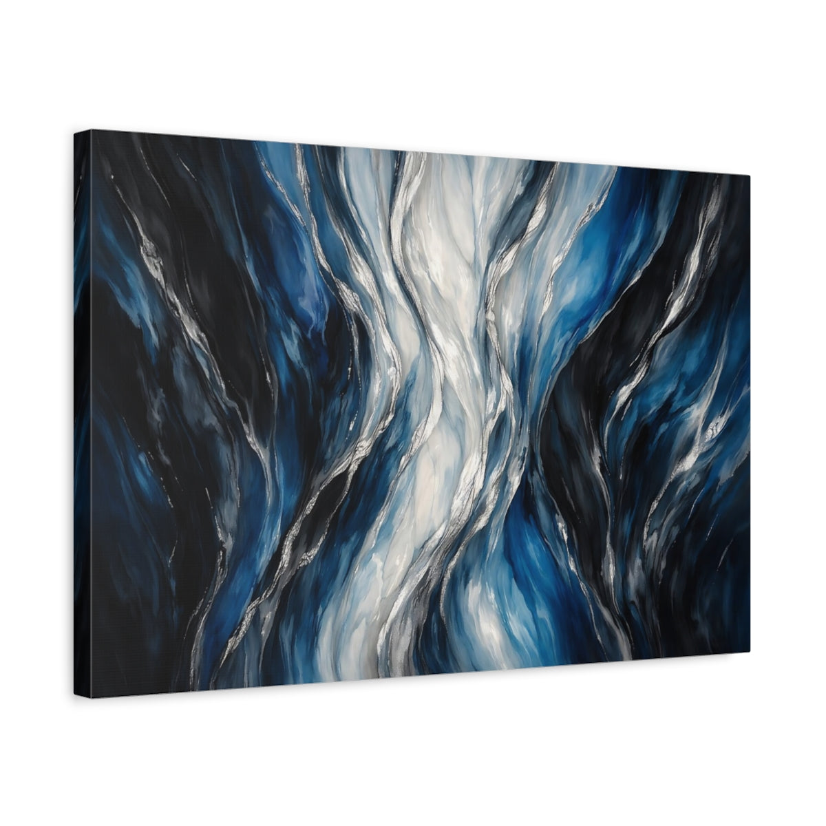 Side Mockup 3. Abstract Abstract Waves Blue Silver Waves shown as stretched canvas wall art