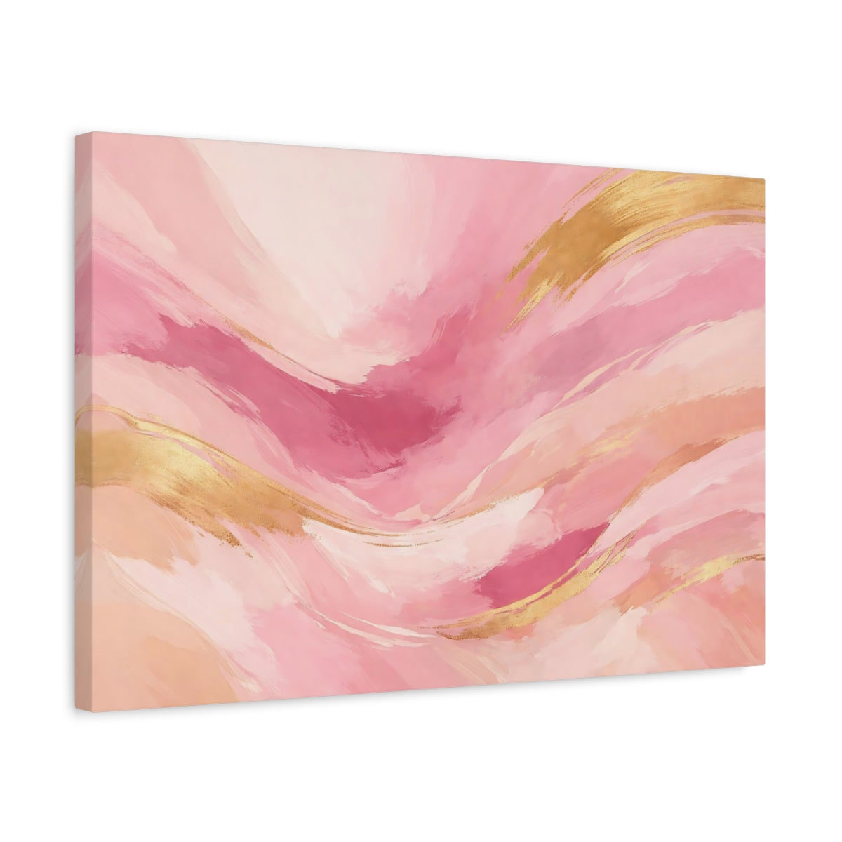 Side Mockup 3. Abstract Abstract Waves Pink And Gold shown as stretched canvas wall art