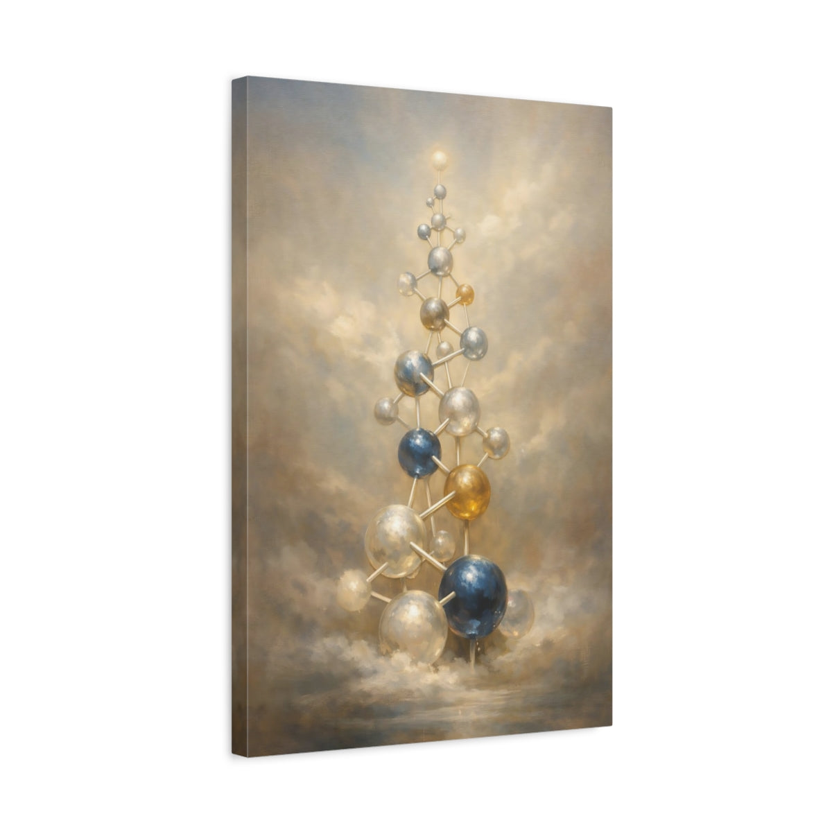 Side Mockup 3. Abstract Molecular Structure Gold And Blue Abstract shown as stretched canvas wall art