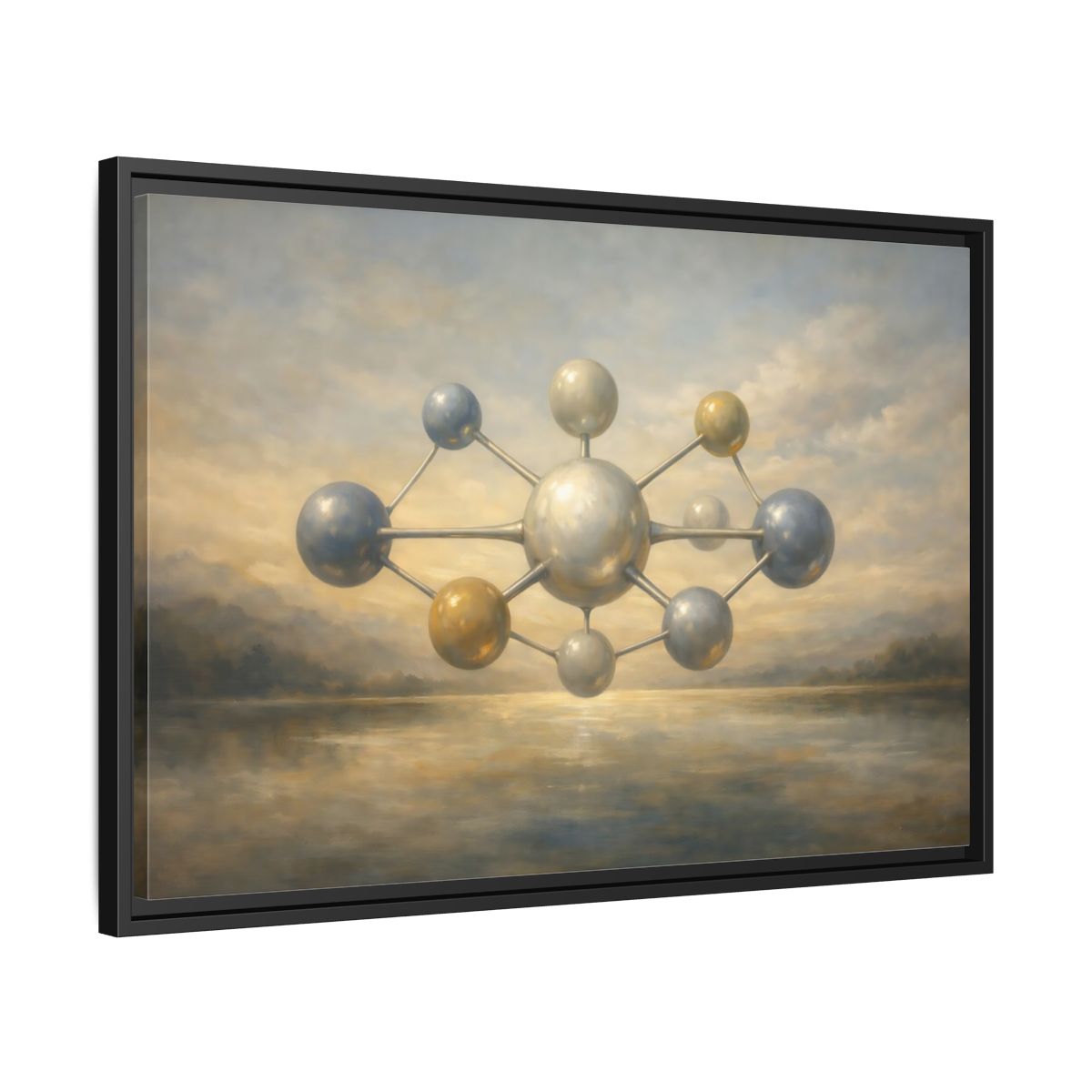 Side Mockup 14. Abstract Molecular Structure Golden Grey Molecule shown as stretched canvas wall art