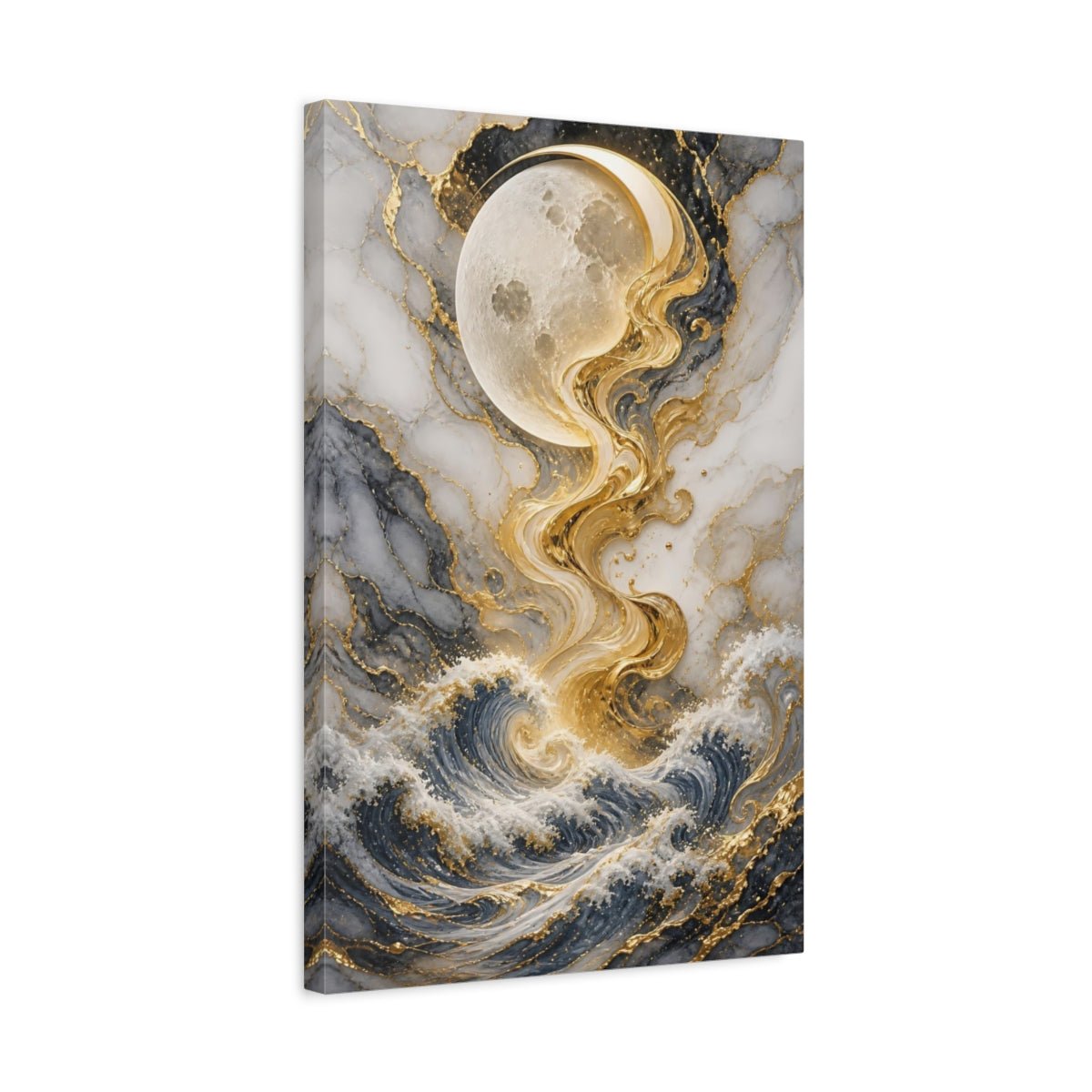 Abstract Moon Waves Gold Gray Ocean Canvas Wall Art Print – Living Room, Above Couch - YesArtYes