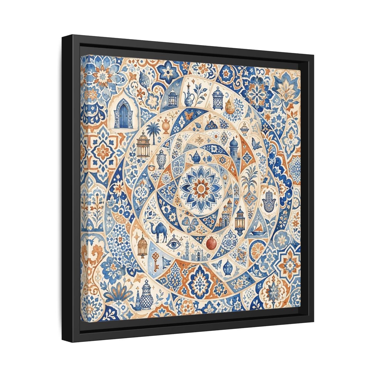 Abstract Moroccan Motifs Blue And Orange Framed Canvas Print Wall Art – Living Room Decor, Above Fireplace - YesArtYes