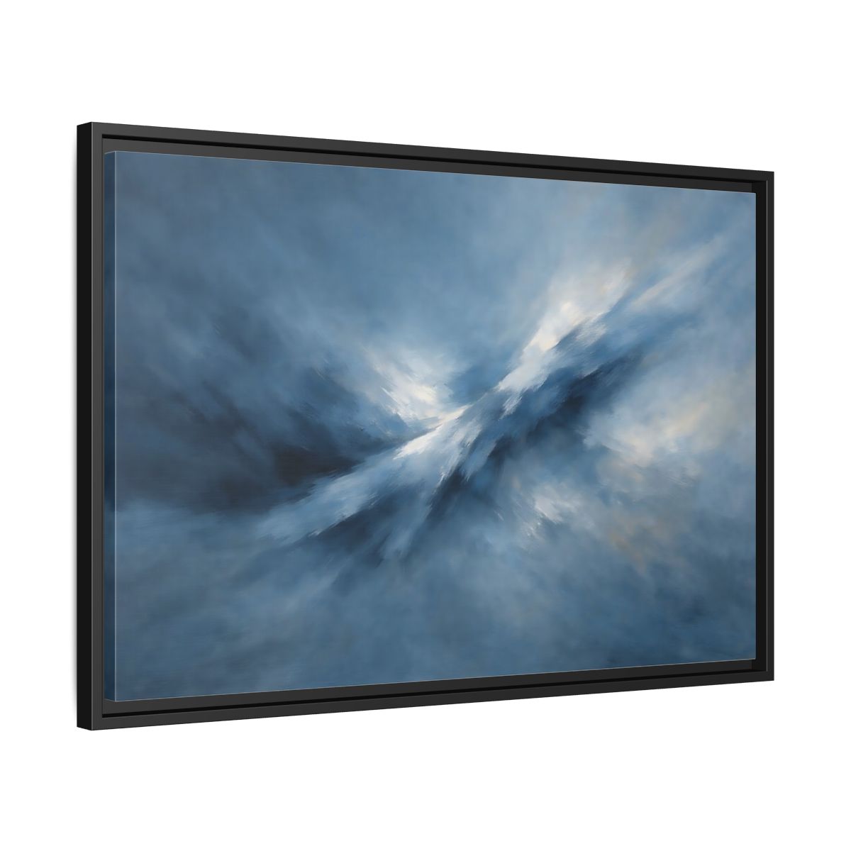 Side Mockup 14. Abstract Abstract Movement Blue And White shown as stretched canvas wall art