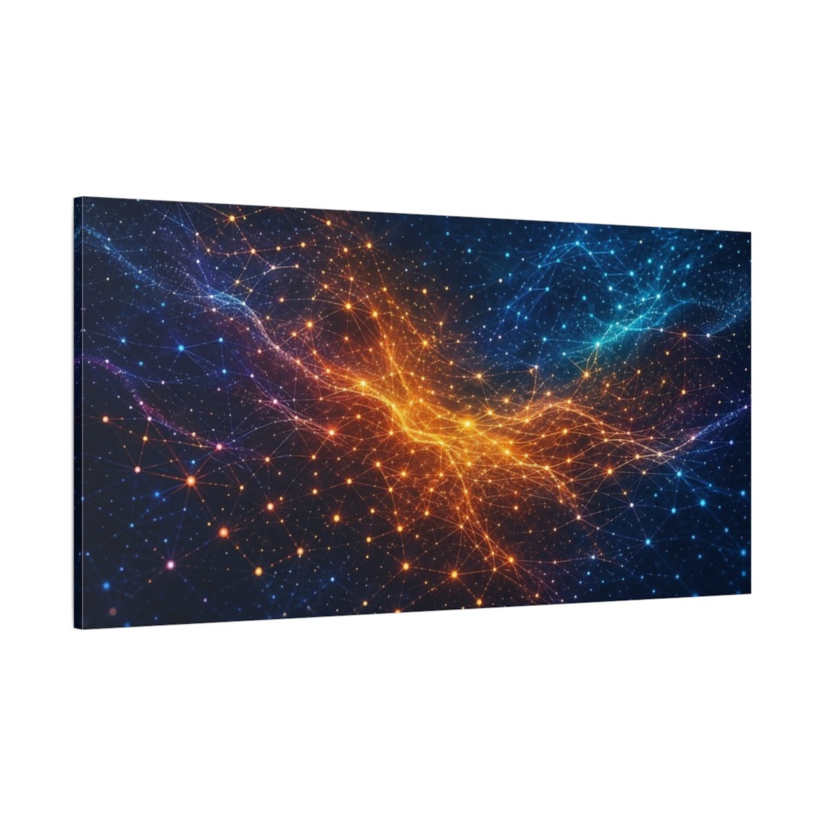 Side Mockup 2. Abstract Network Grid Blue Orange Network shown as stretched canvas wall art
