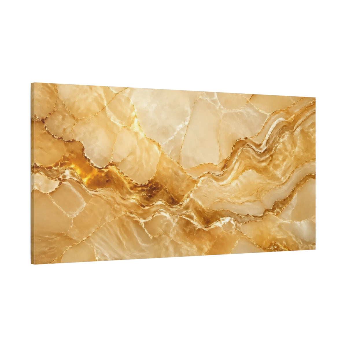 Side Mockup 2. Abstract Onyx Marble Gold And Cream shown as stretched canvas wall art