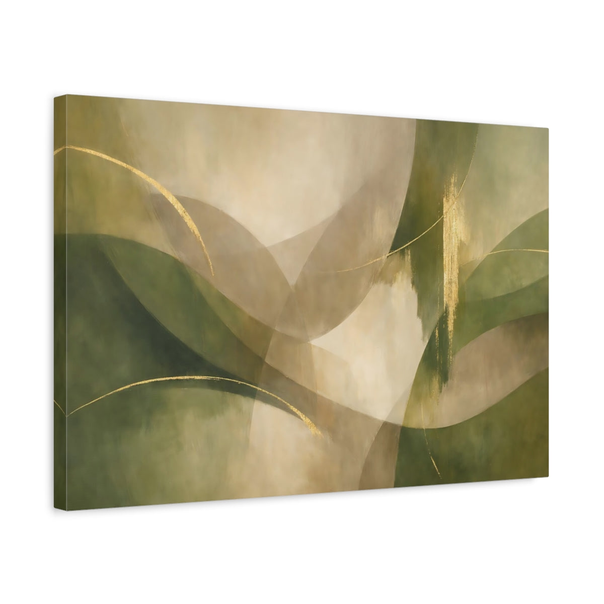 Side Mockup 3. Abstract Organic Shapes Green Gold Abstract shown as stretched canvas wall art