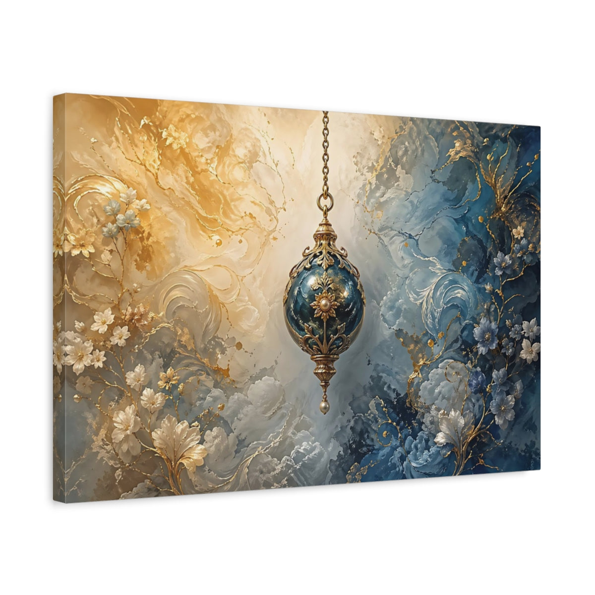 Side Mockup 3. Abstract Ornate Lantern Gold And Blue shown as stretched canvas wall art