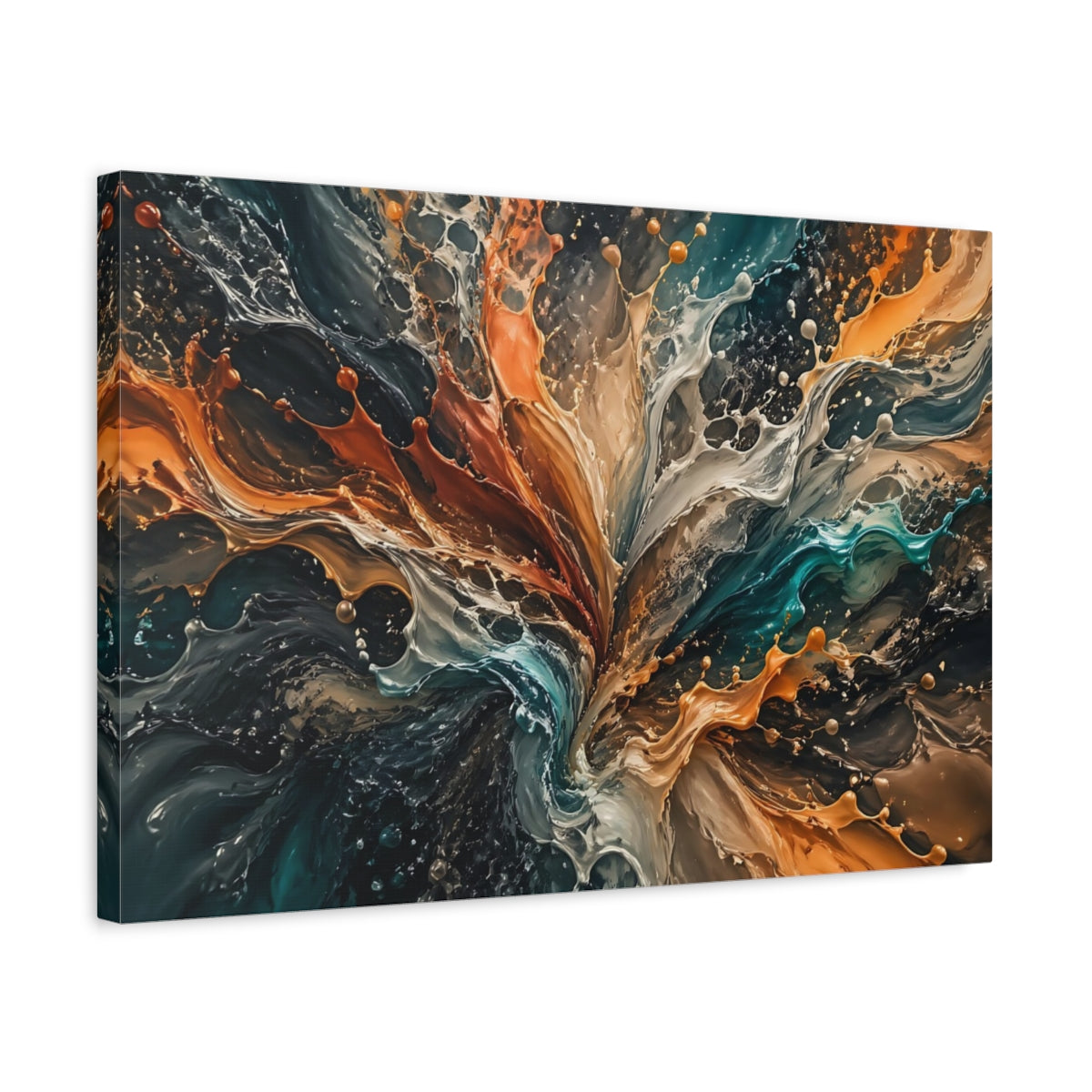 Side Mockup 3. Abstract Paint Splash Colorful Fluid Dynamics shown as stretched canvas wall art