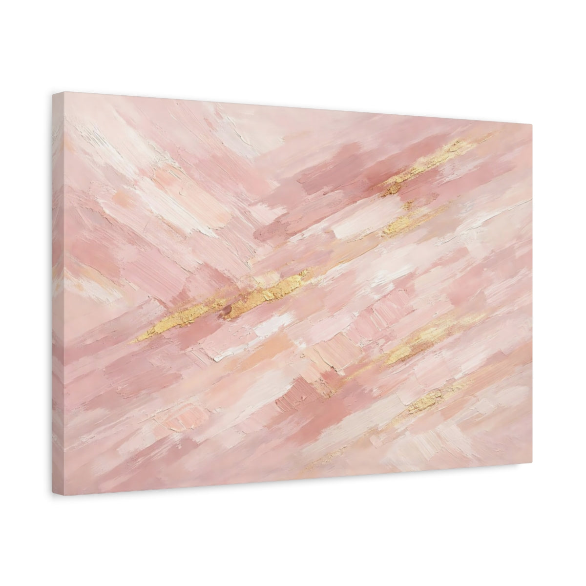 Side Mockup 3. Abstract Paint Strokes Pink And Gold shown as stretched canvas wall art