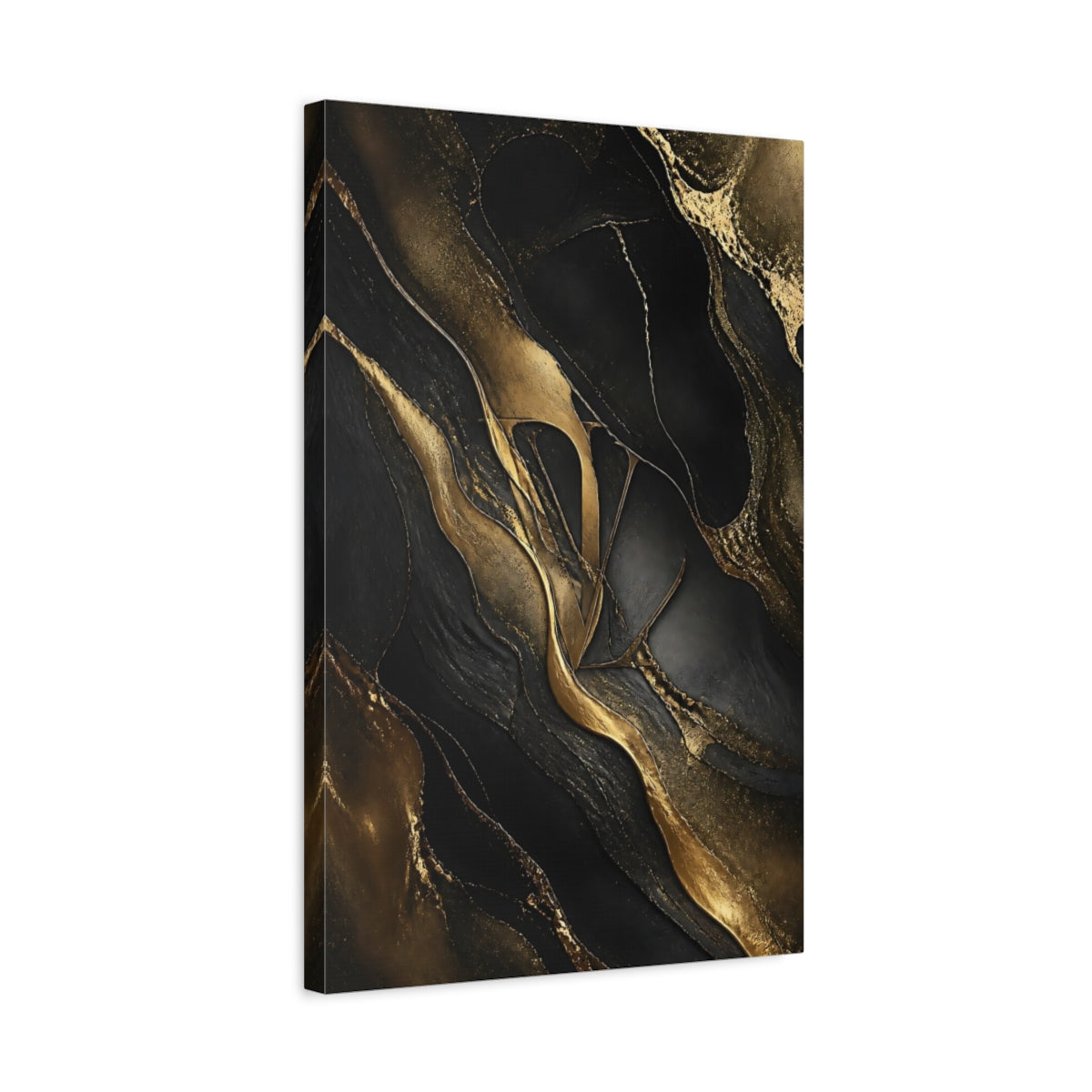 Side Mockup 3. Abstract Abstract Pattern Black And Gold shown as stretched canvas wall art