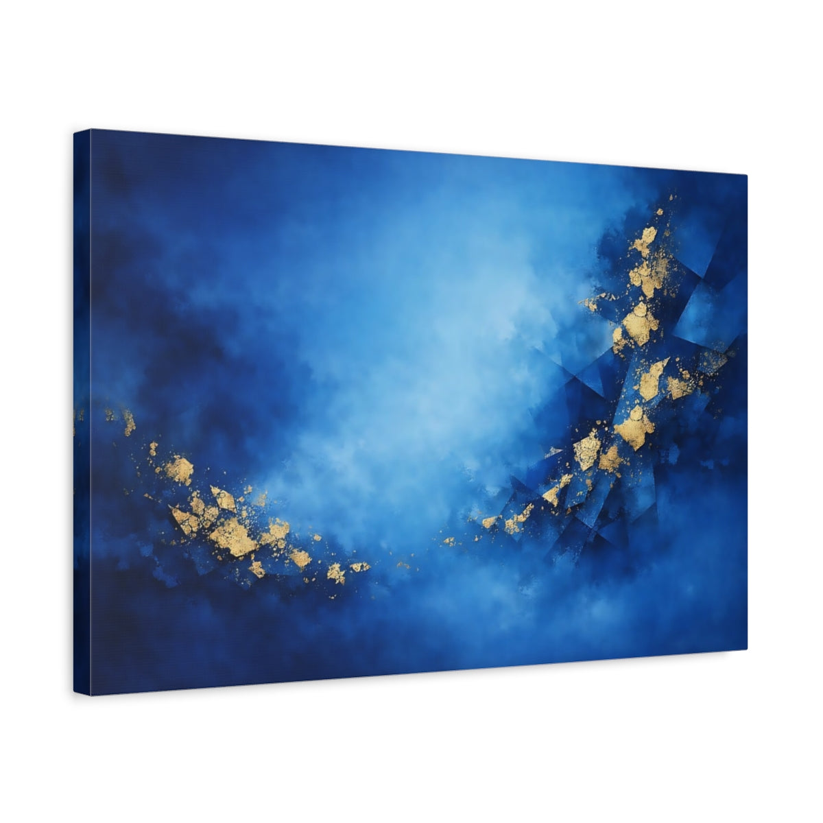 Side Mockup 3. Abstract Abstract Pattern Blue And Gold shown as stretched canvas wall art
