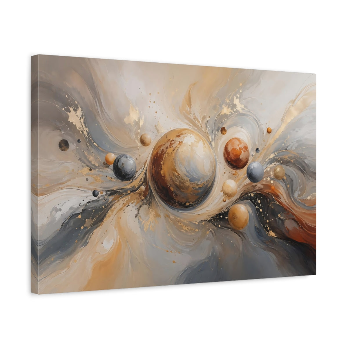 Side Mockup 3. Abstract Planetary Orbs Gold Gray Abstract shown as stretched canvas wall art