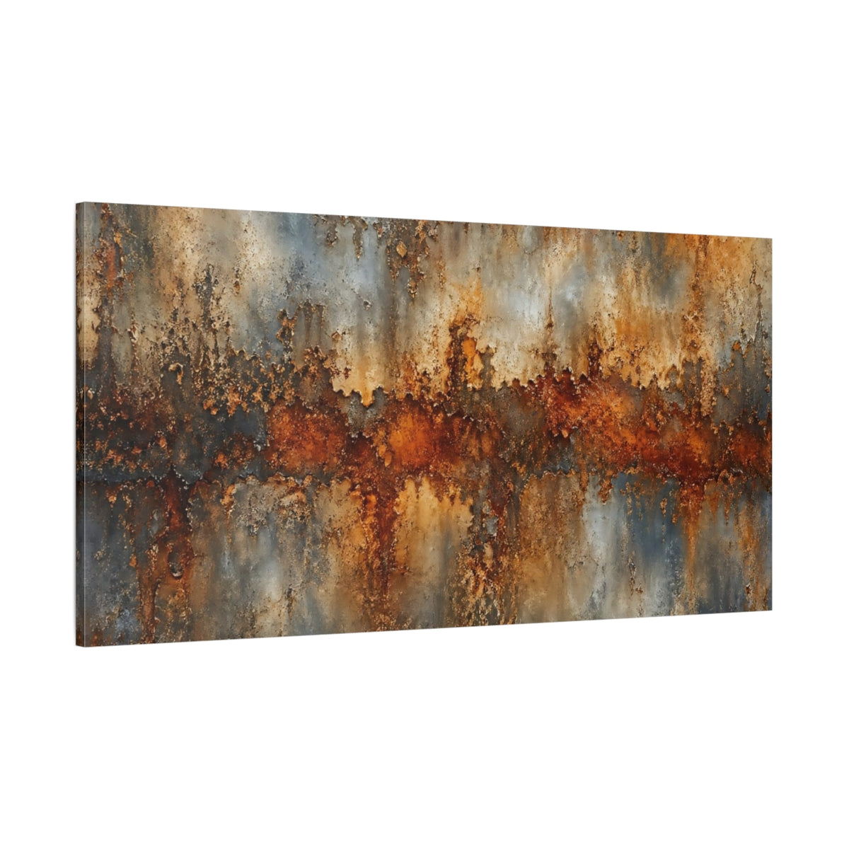 Side Mockup 2. Abstract Rusted Texture Rust And Grey shown as stretched canvas wall art