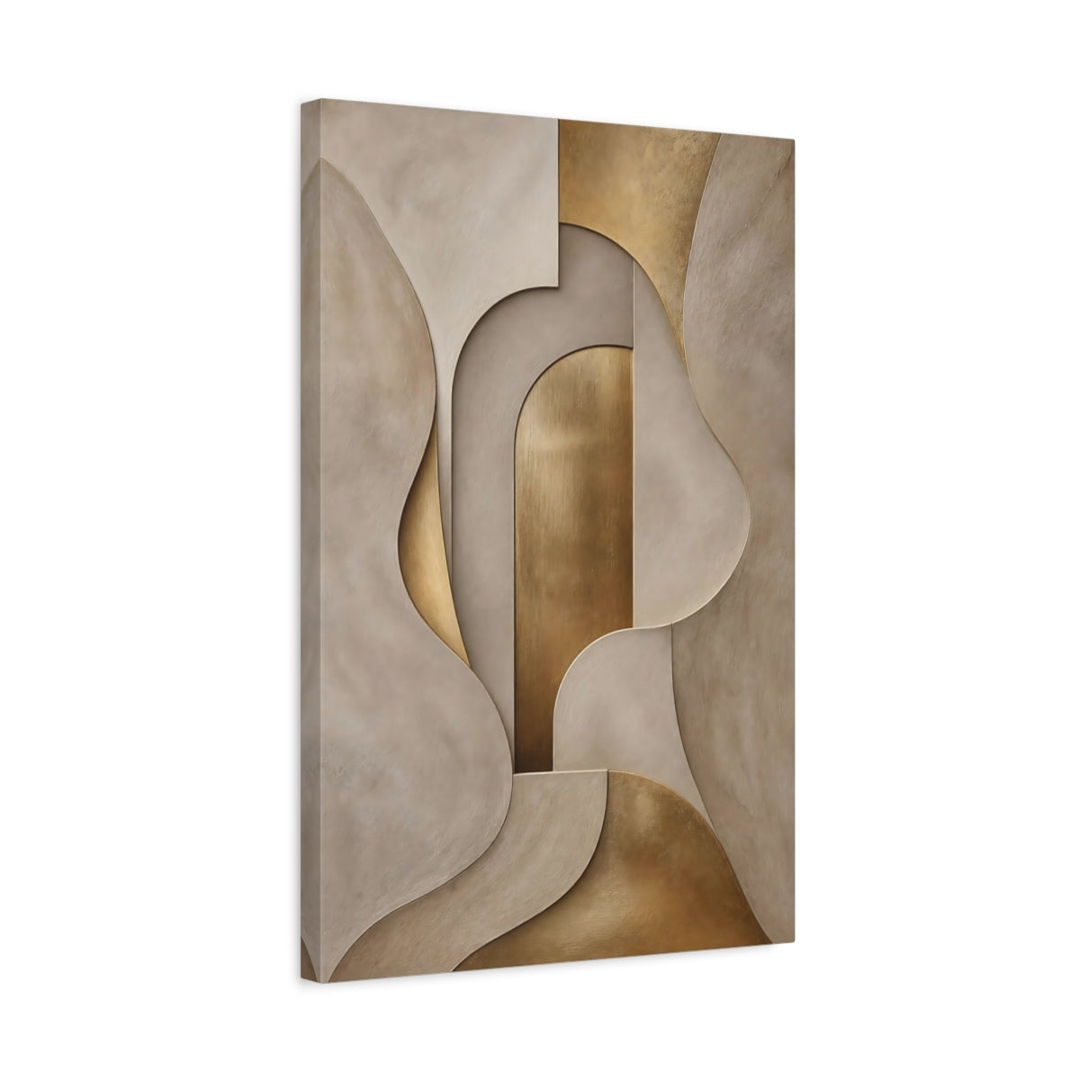 Side Mockup 3. Abstract Abstract Shapes Gold And Beige shown as stretched canvas wall art
