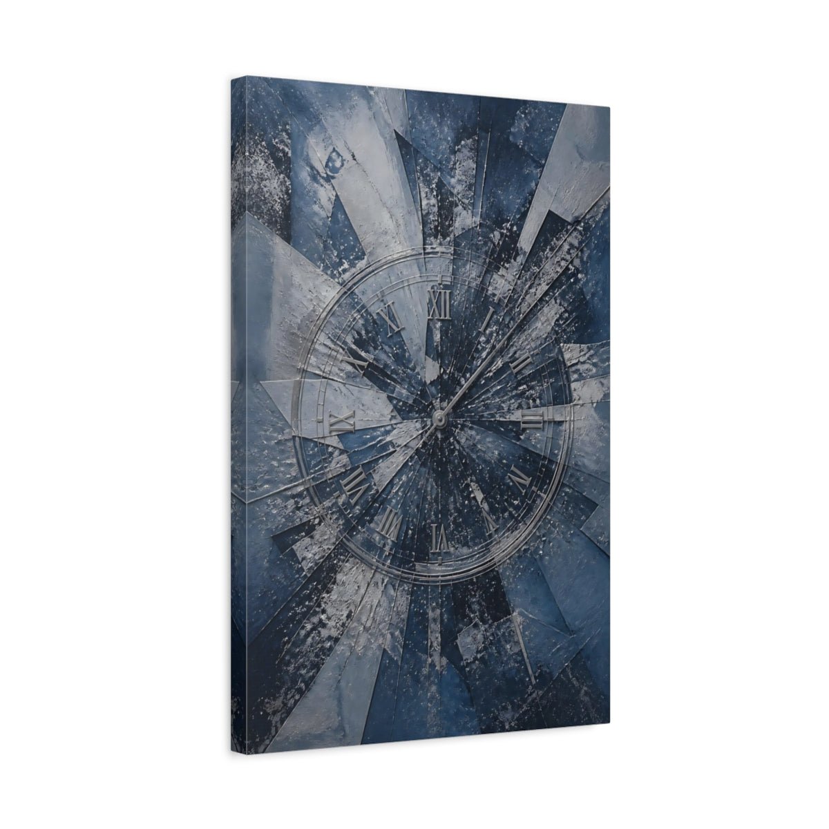 Abstract Shattered Clock Blue And Silver Canvas Print – Living Room, Above Fireplace, - YesArtYes