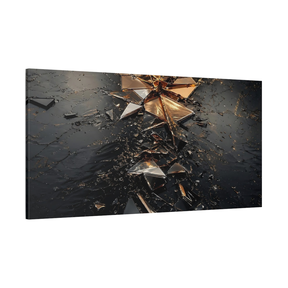 Side Mockup 2. Abstract Shattered Glass Black And Gold shown as stretched canvas wall art