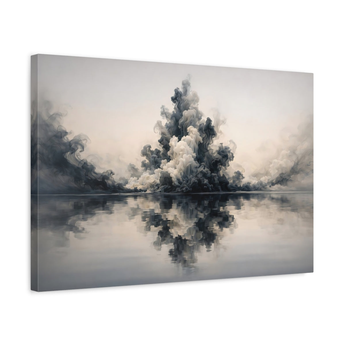 Side Mockup 3. Abstract Smoke Cloud Grey And White shown as stretched canvas wall art