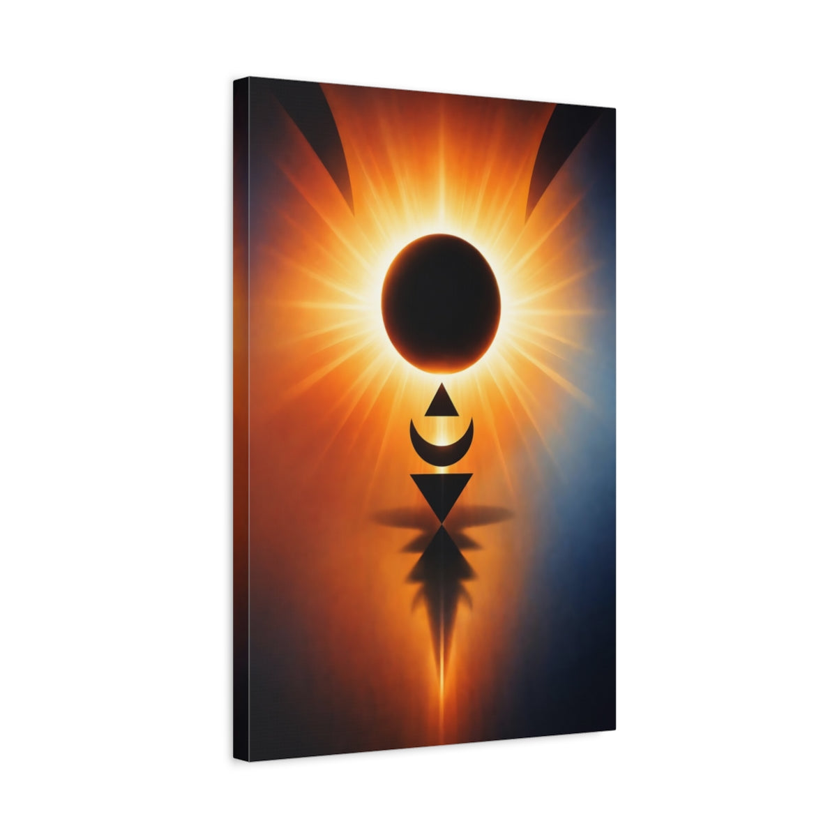 Side Mockup 3. Abstract Solar Eclipse Orange And Blue shown as stretched canvas wall art