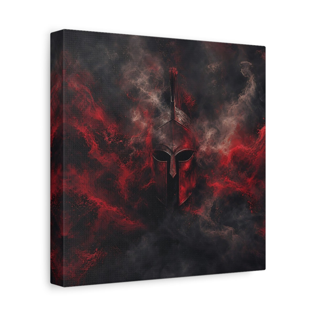 Side Mockup 9. Abstract Spartan Helmet Red And Black shown as stretched canvas wall art