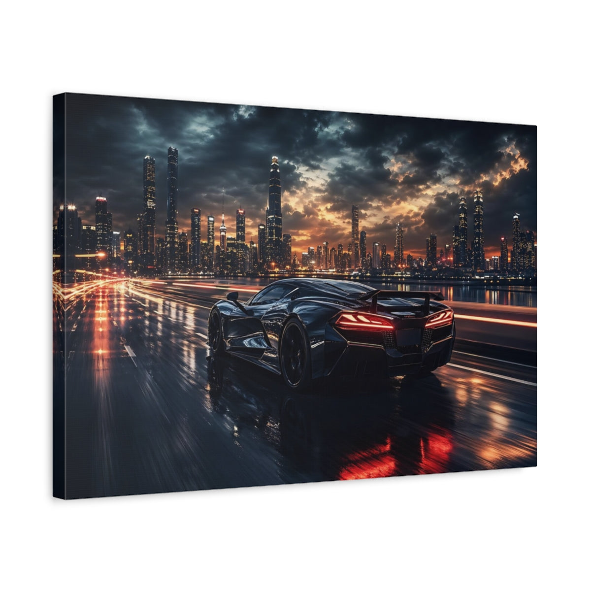 Side Mockup 3. Abstract Sports Car Dynamic Black Car shown as stretched canvas wall art