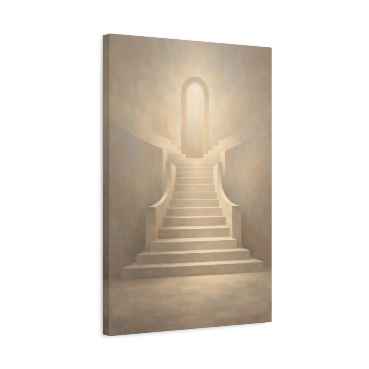 Side Mockup 3. Abstract Staircase Warm Beige shown as stretched canvas wall art
