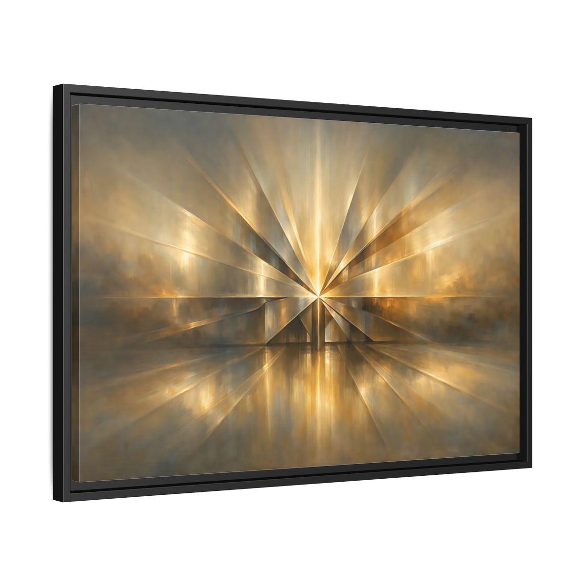 Side Mockup 14. Abstract Starburst Gold And Gray Abstract shown as stretched canvas wall art
