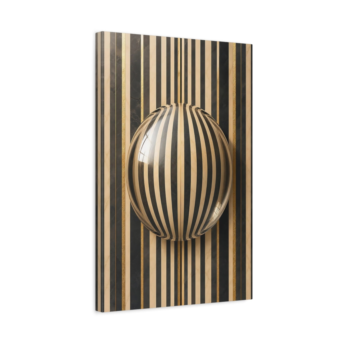 Side Mockup 3. Abstract Striped Sphere Black Gold Stripes shown as stretched canvas wall art