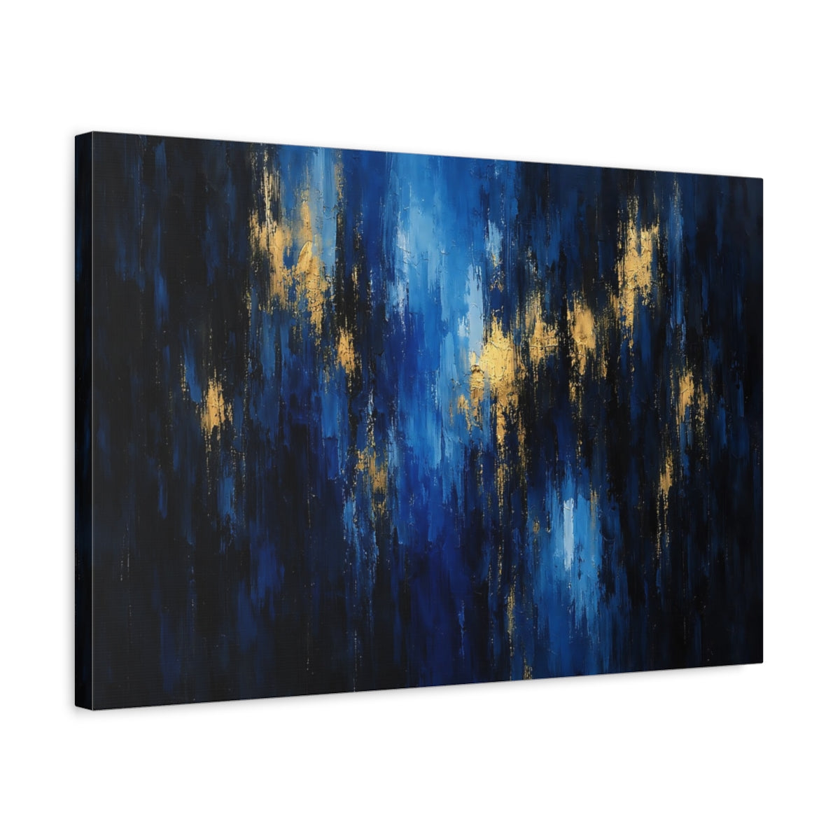 Side Mockup 3. Abstract Abstract Strokes Blue And Gold shown as stretched canvas wall art