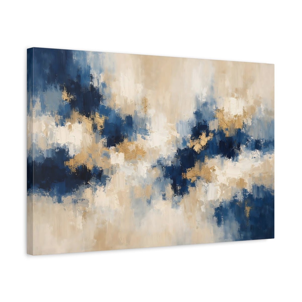 Side Mockup 3. Abstract Abstract Strokes Blue Gold Abstract shown as stretched canvas wall art