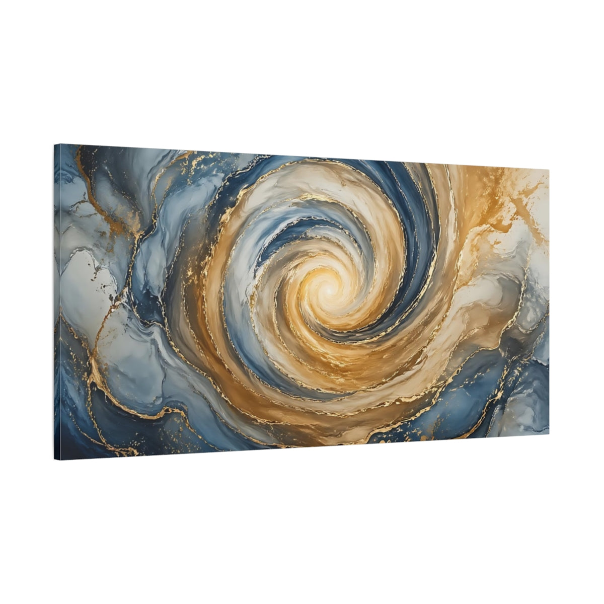 Side Mockup 2. Abstract Abstract Swirl Blue And Gold Swirl shown as stretched canvas wall art