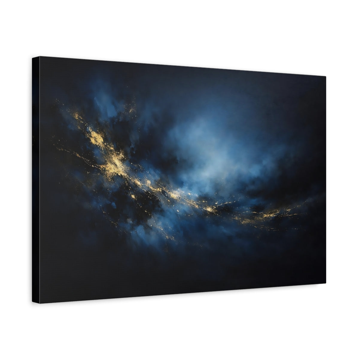 Side Mockup 3. Abstract Abstract Swirl Blue And Gold Abstract shown as stretched canvas wall art
