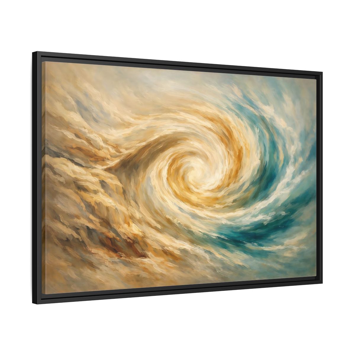Side Mockup 13. Abstract Abstract Swirl Blue Gold Swirl shown as stretched canvas wall art