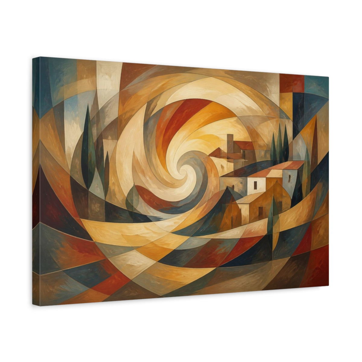 Side Mockup 3. Abstract Swirling Village shown as canvas print