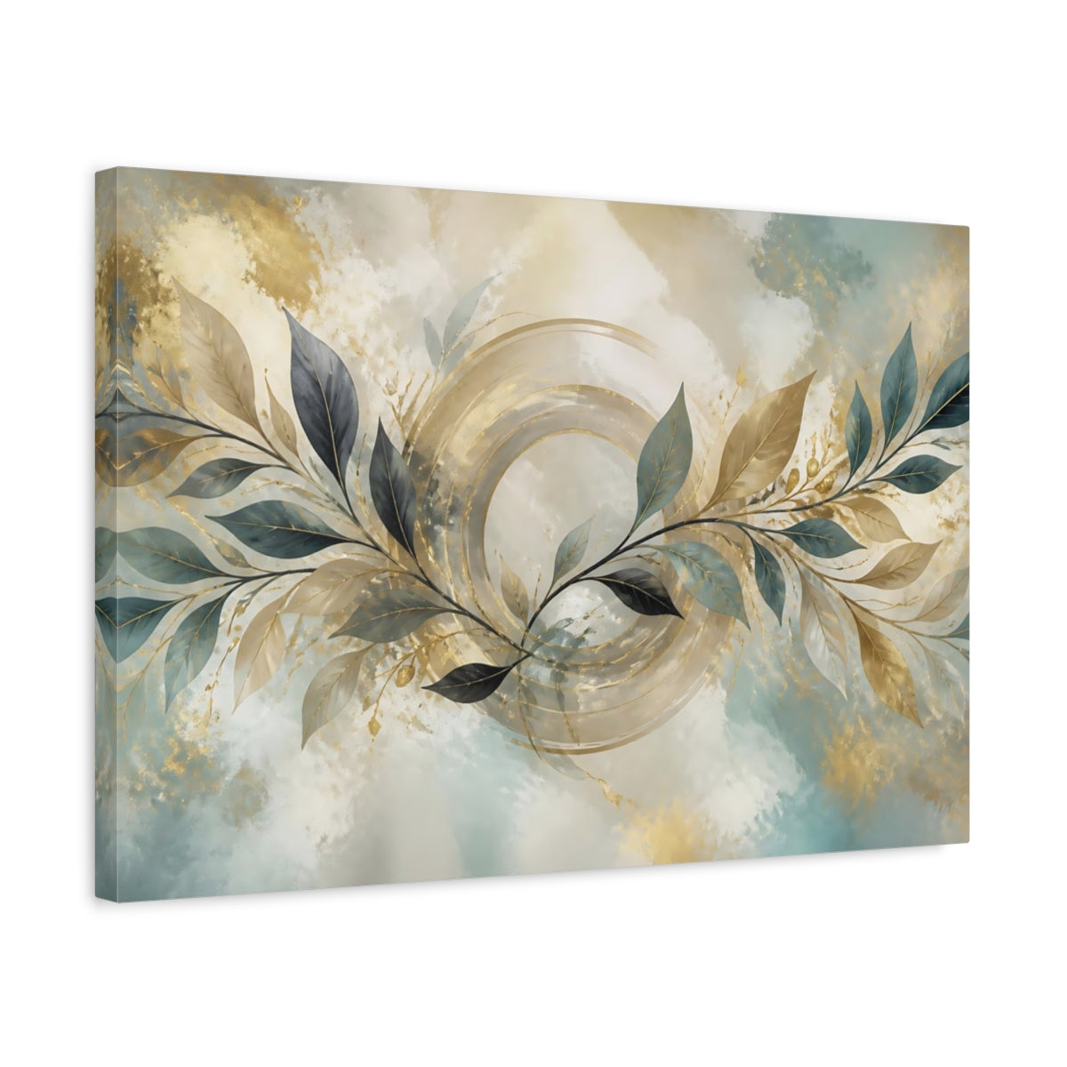 Side Mockup 3. Abstract Teal Leaf Branch shown as canvas print