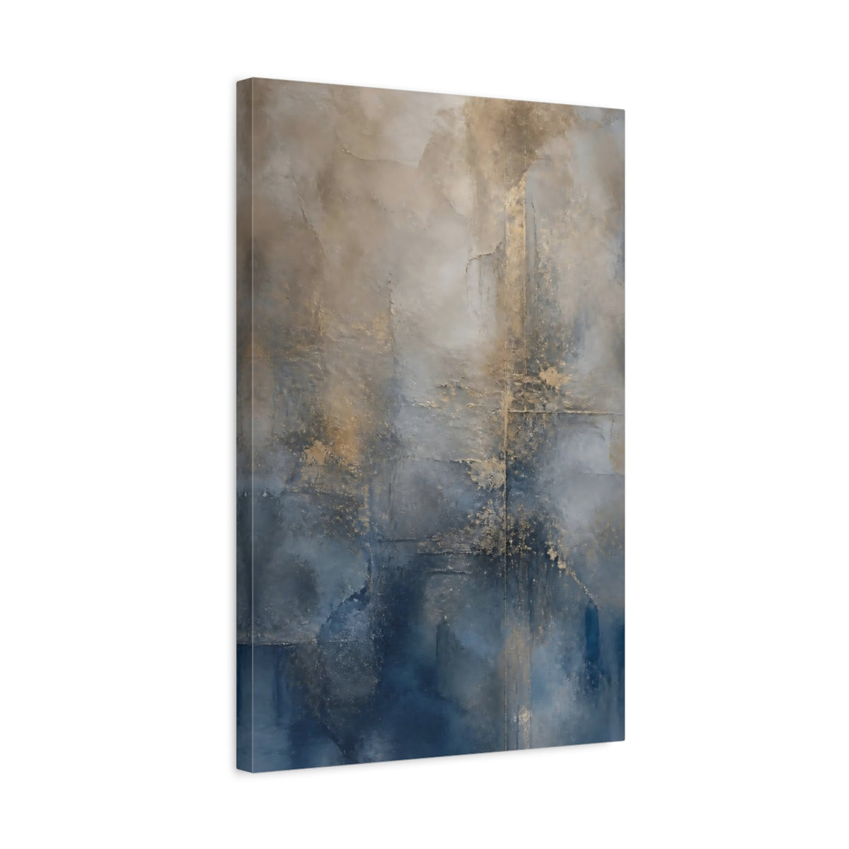 Side Mockup 3. Abstract Abstract Texture Blue And Gold shown as stretched canvas wall art