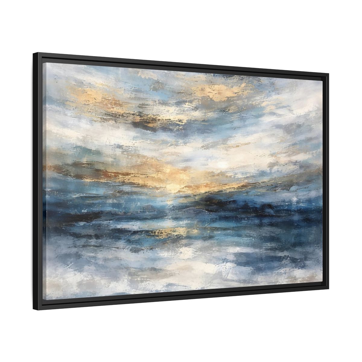 Side Mockup 13. Abstract Abstract Seascape Blue And Gold Abstract shown as stretched canvas wall art