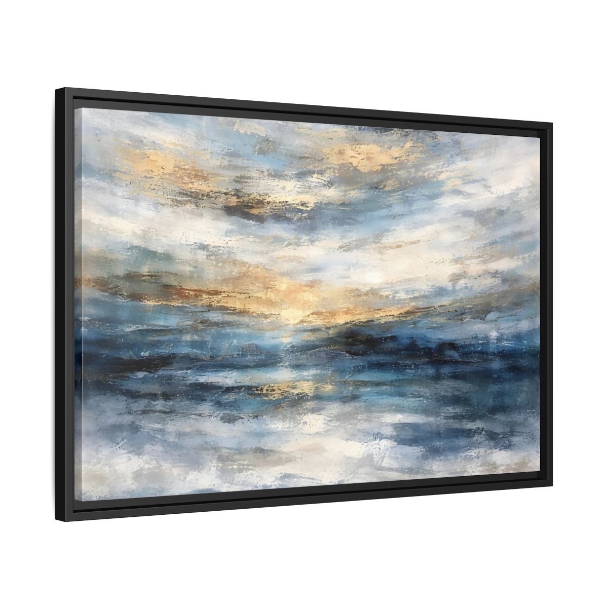 Side Mockup 14. Abstract Abstract Seascape Blue And Gold Abstract shown as stretched canvas wall art