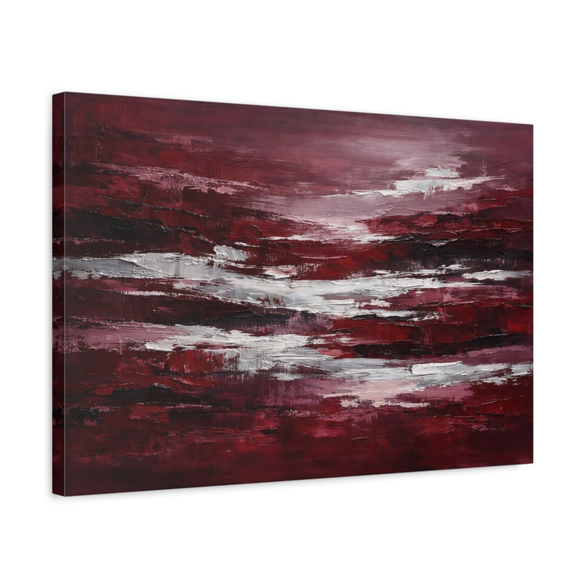 Side Mockup 3. Abstract Abstract Strokes Red And White Abstract shown as stretched canvas wall art