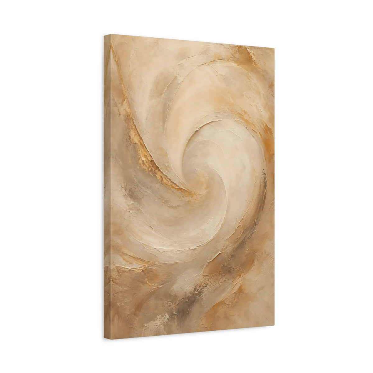 Side Mockup 3. Abstract Textured Swirl Beige Brown shown as stretched canvas wall art