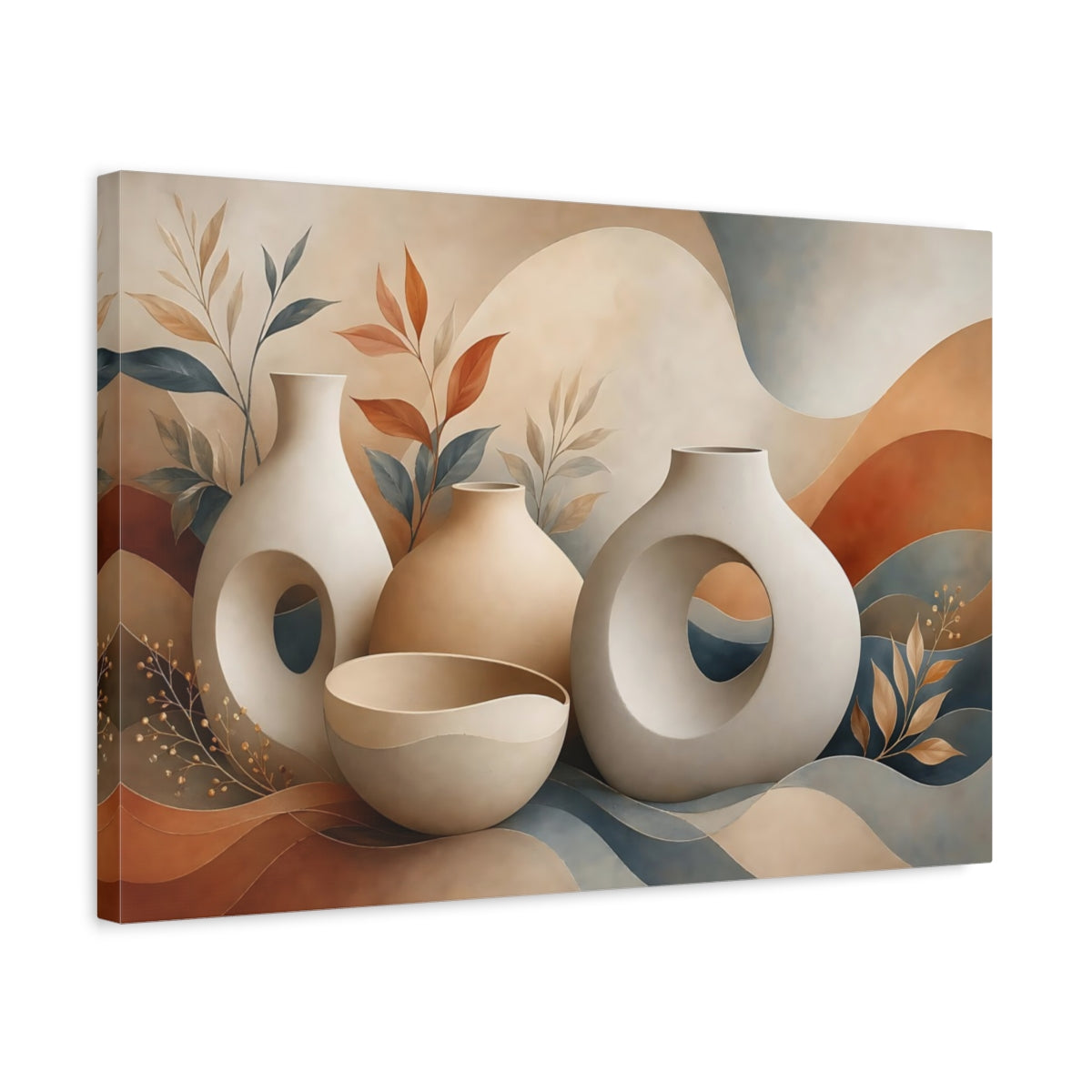 Side Mockup 3. Abstract Abstract Vases Warm Toned Vases shown as stretched canvas wall art